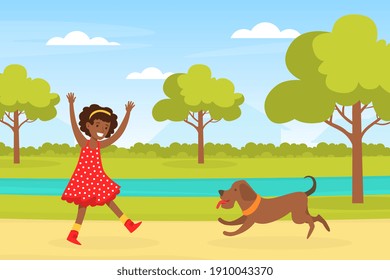 Happy African American Girl Playing with her Dog in Urban Park, Kid Having Fun with Pet Animal on Summer Landscape Cartoon Vector Illustration