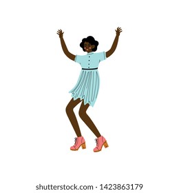 Happy African American Girl Standing with Arms Raised, Young Woman Celebrating Event Vector Illustration