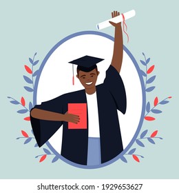 Happy African American graduate from an educational institution. Close-up of a guy in a black dress and a graduation hat. Framed graduate with diploma and scroll. Flat vector illustration.