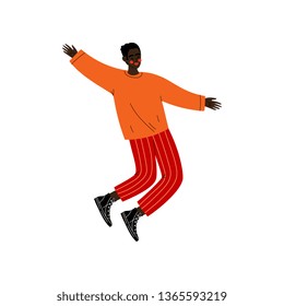 Happy African American Guy Jumping, Young Man in Casual Clothes Celebrating Important Event, Dance Party, Friendship, Sport Concept Vector Illustration