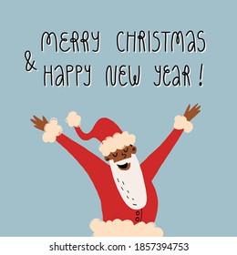 Happy African American jumping Santa Claus with his arms raised, Merry Christmas and Happy New Year hand lettering. Cute greeting card design. Vector illustration.