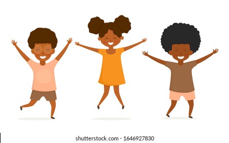 Happy african american kids jumping and have fun. Cute children cartoon characters isolated on white background. Vector illustration.