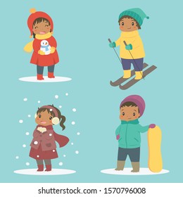 Happy African American kids on winter holiday. Kids activity on winter holiday vector set.