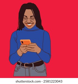 A happy African American lady in a blue top, smiling as she reads her cell phone messages, exuding joy and positivity in a relaxed setting.