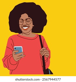 Happy African American lady carrying a backpack holding a mobile phone reading her messages