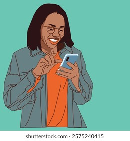 A happy African American lady with a cheerful expression, gently pressing her phone screen as she interacts with her messages, exuding positivity and engagement in a casual setting.