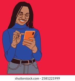 A happy African American lady smiling as she reads her phone emails, exuding positivity and enthusiasm in a modern setting.