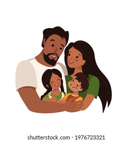 Happy African American or Latin family with dark skin and black hair together. International family day. Dad hugs mom and children. A group of people. Father, mother, daughter and son. Vector