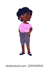 Happy African American little girl with vitiligo. Cute black kid with pigment spots on skin of body, face. Child with dermatology illness, genetic disorder. Flat isolated vector illustration on white