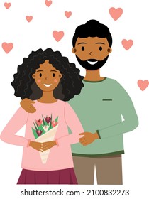 Happy african american loving couple. Young african woman with flowers is standing near young man. Man is embracing woman. Romantic dating. Happy Valentines day. Vector illustration in flat style.