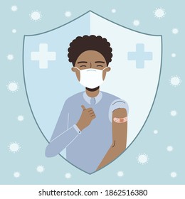 Happy African American Man In Medical Face Mask Raising Thumbs Up And Shows Bandage After Injection Of The Flu Vaccine. Coronavirus Vaccination Vector Flat Illustration.