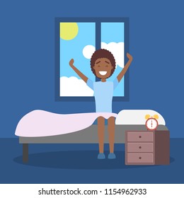 Happy african american man waking up early in the beginning of the good day. Guy sitting on the bed. Isolated vector illustration in cartoon styl