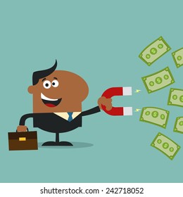Happy African American Manager Using A Magnet To Attracts Money.Flat Design Style Vector Illustration