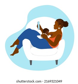 Happy African American Mother With Baby On Her Chest. Relaxed Baby Feeding Posture. Breastfeeding. Support Week In August 1 - 7. Online Consultation. Black Mom With Smartphone. Vector Illustration.