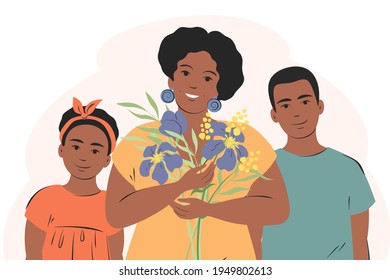 Feliz madre afroamericana con dos hijos y flores en las manos. Mujer con hijo e hija. Feliz Día de la Madre. Concepto de maternidad y paternidad. Ilustración del vector