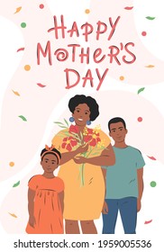 Happy african american mother with two kids and flowers in hands. Woman with son and daughter. Lettering Happy Mother`s Day. Vector illustration