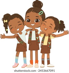 Happy African American multi aged Brownies girls scout hug. Girls Scout happily hug and smile. Girl together. Brownies Girls Scout