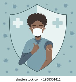 Happy African American nurse in medical face mask raising thumbs up and shows bandage after injection of the flu vaccine. Coronavirus vaccination vector flat illustration.