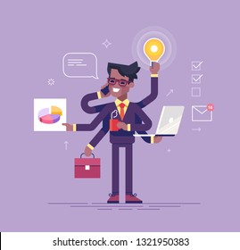 Happy african american office worker with many hands doing several actions at the same time. Multitasking, productivity and time management concept. Flat vector illustration.