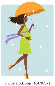 Happy african american pregnant woman with umbrella