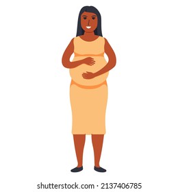 Happy african american pregnant woman holds her belly. woman touching her belly.Isolated on white background. Vector flat illustration.