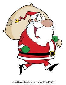 Happy African American Santa Claus Runs With Bag