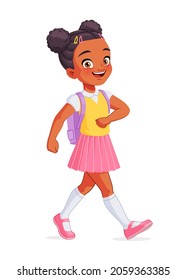 Happy African American school girl walking with backpack. Cartoon vector illustration isolated on white background.