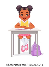 Happy African American school girl sitting at the desk and studying. Cartoon vector illustration isolated on white background.