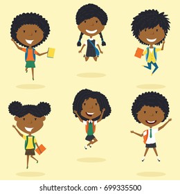 Happy African American school girls jumping. Cute teens have fun outdoor vector flat style. Funny childhood illustration.  