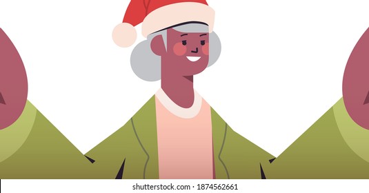 happy african american senior woman in santa hat holding camera and taking selfie new year christmas holidays celebration concept horizontal portrait vector illustration