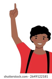 Happy african american teen boy with dark skin smiling and pointing finger up. Young man raising hand to answer question or indicate something.
