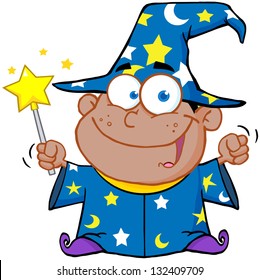 Happy African American Wizard Boy Waving With Magic Wand