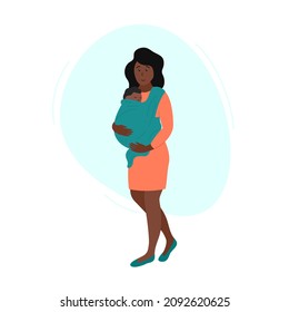 Happy african american woman with baby carrier. Mother holding newborn in sling. Child is wrapped in babycarrier and sleeping. Vector flat illustration.