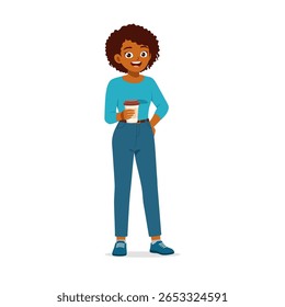 Happy African American woman in casual clothes holding coffee to go with smile, cartoon style