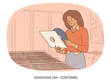 Happy African American woman choose gramophone record in music store. Excited girl buy vinyl plate in shop. Hobby and entertainment. Musician and artist. Vector illustration. 