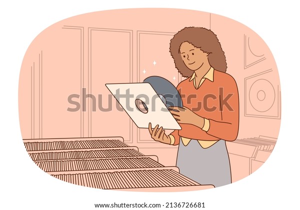 Happy African\
American woman choose gramophone record in music store. Excited\
girl buy vinyl plate in shop. Hobby and entertainment. Musician and\
artist. Vector illustration.\
