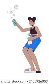 Mujer afroamericana feliz con los suministros de limpieza 2D lineal personaje de dibujos animados. Mujer negra que lava el fondo blanco aislado de la persona del Vector de la línea. Ilustración de mancha plana de color de limpieza