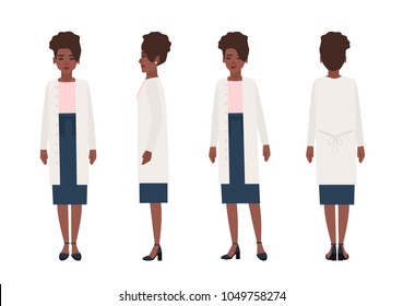 Happy african american woman dressed in casual clothing isolated on white background. Elegant stylish female cartoon character wearing skirt and cardigan. Front, side, back views. Vector illustration