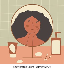 Happy African American woman looks in the mirror and touching face. Accepting oneself. Self-love. Skin disease. Smiling girls with skin problem. Stock vector illustration