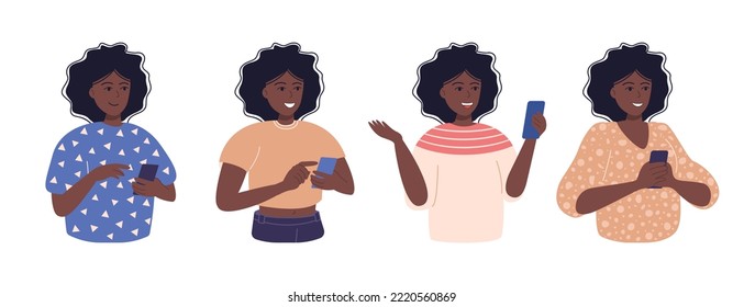 Happy African American woman set usa smartphone. 4 emotes, poses y trajes diferentes. Chatear y enviar mensajes de texto a teléfonos inteligentes, usando teléfonos móviles, internet, redes sociales. Ilustración vectorial plana