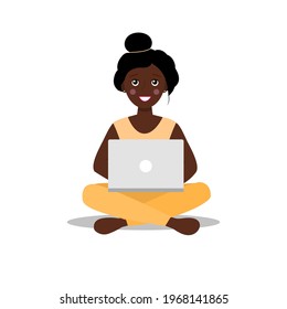 Happy african american woman sits on the lotus position with a laptop. Remote work or online education concept with character. Vector illustration