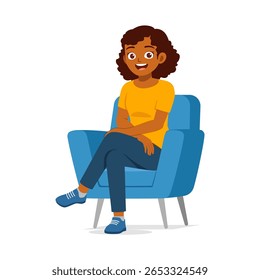 Happy African American Woman Sitting in Blue Armchair with Legs Crossed Cartoon Illustration