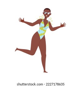 Happy African American Woman in Swimsuit Running on Beach Enjoying Summer Vacation and Seaside Rest Vector Illustration