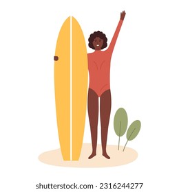 Happy african american woman in swimwear stand on summer beach and hold surfboard. Female surfer on extreme sport. Vector illustration in flat cartoon style