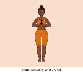 Happy African American woman in a tracksuit meditates while standing. Healthy lifestyle concept, Yoga. Vector illustration isolated on a beige background in flat style.