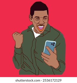 Happy African American young man with a cell phone acting excited with his phone messages with glasses on