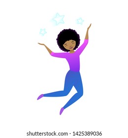 Happy african american young woman jumping. Vector illustration of success, achievement in business and life. Cartoon flat style concept design.