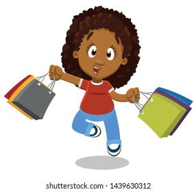 Happy african american young woman holding shopping bags and jumping for joy. Comic female character in sale rush. Vector cartoon illustration isolated on white background. Discount concept.