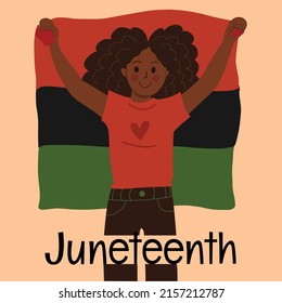 Happy African American young woman with raised hands holding Pan African, Black Liberation flag. Celebrating character - black girl. Jubilee, Emancipation, Freedom Day greeting card.