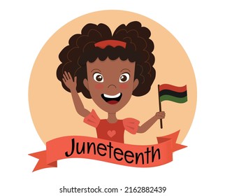 Happy African American young woman with raised hands holding Pan African, Black Liberation flag. Celebrating character - black girl. Juneteenth Emancipation, Freedom Day greeting card.